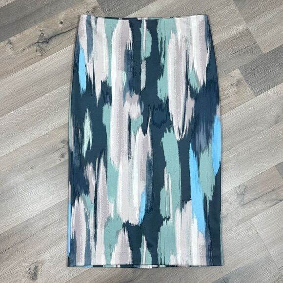 NY & Comp. Paint Stroke Print Stretch Scuba Knit Pencil Skirt Blue Grey 2 - Picture 13 of 13